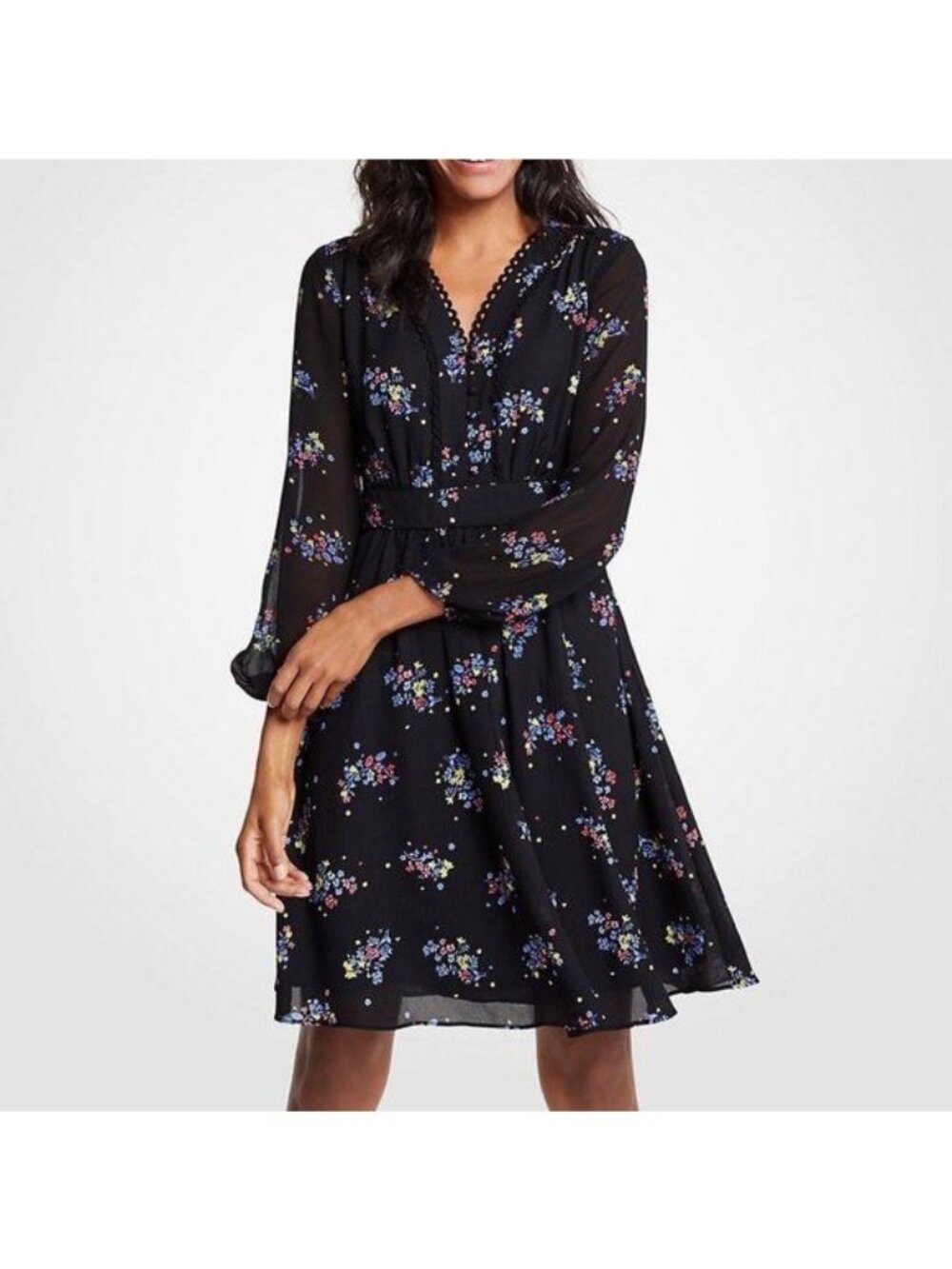Ann Taylor Dress Size 14 Midi Black Floral Print Long Sleeve Lace Trim V Neck